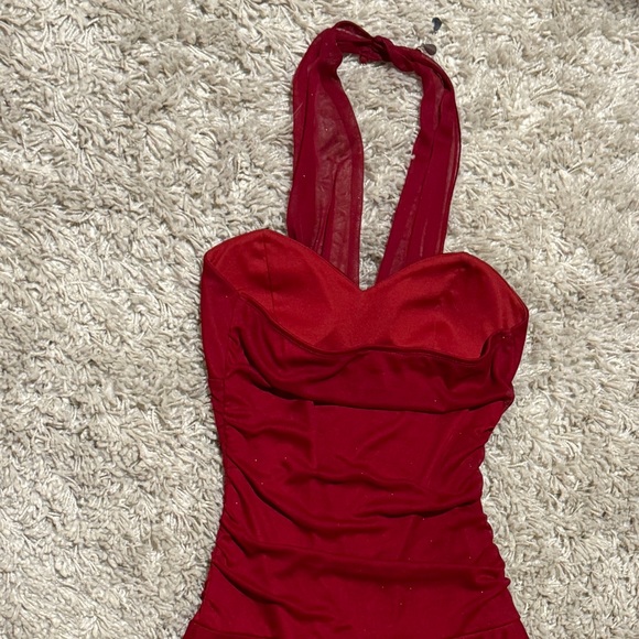 Y2K Holiday Red Asymmetrical Scarf Halter Dress Red Sparkles read caption - Picture 7 of 10